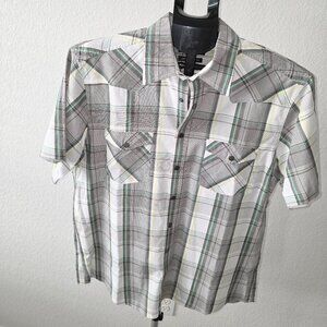 BOSSINI CONTEMPORARY FIT MENS XL GRAY, GREEN AND WHITE PLAID SHORT SLEEVE SHIRT